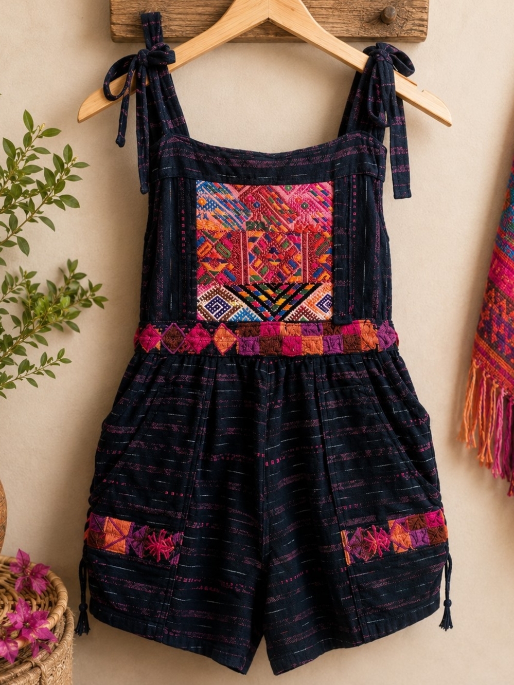 Guatemala Handwoven Embroidered Boho Romper Navy Multicolor L